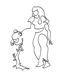 One line drawing of woman volunteer pouring water to a tree.
One continuous line drawing of woman watering tree.
