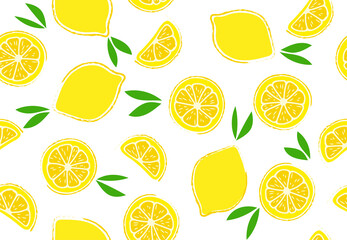 Fresh, tropical fruits, lemon. Seamless fruit background for banners, print for fabric, labels, t-shirt printing. Children's, hand-drawn drawing, cartoon style.