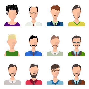 Men avatar set flat vector illustration. Men profiles silhouette with variety of suits and uniform. Avatar portrait with different hair.