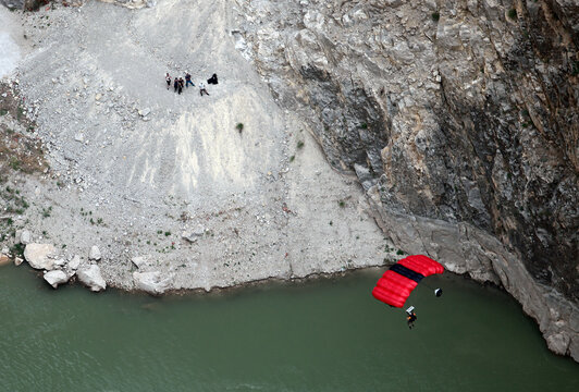 Base Jump after paragliding on the Dark Canyon in district of Kemaliye (Egin), Erzincan, Turkey. Kemaliye is extreme sport center in Eastern Turkey.