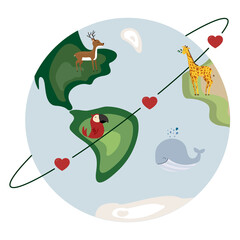 Planet Earth with deer, girrafe, parrot and whale 