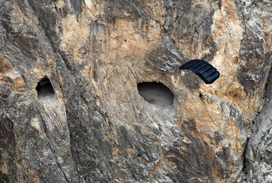 Base Jump after paragliding on the Dark Canyon in district of Kemaliye (Egin), Erzincan, Turkey. Kemaliye is extreme sport center in Eastern Turkey.