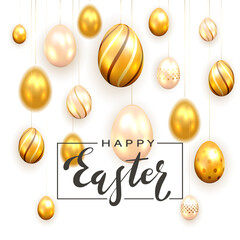 Set of Golden Easter Eggs on White Background