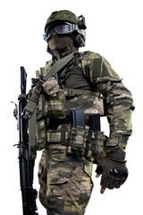 Male soldier in masking camo suit. Shot in studio. Isolated with clipping path on white background.