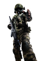 Male soldier in masking camo suit. Shot in studio. Isolated with clipping path on white background.