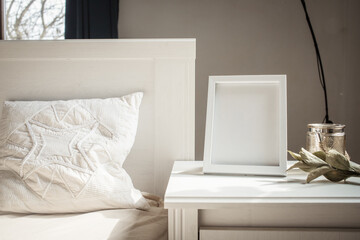 white portrait frame mockups, Scandinavian interior  neutral color palette.