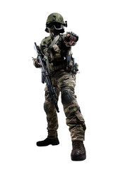 Male soldier in masking camo suit. Shot in studio. Isolated with clipping path on white background.