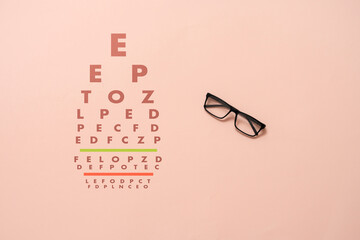 flat lay of the eyesight chart test, otical view check with glasses