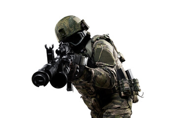 Male soldier in masking camo suit. Shot in studio. Isolated with clipping path on white background.