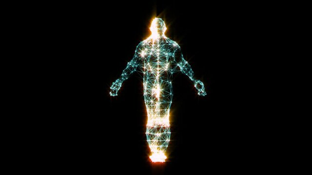 Looped video of human consists of a cloud of points and lines on dark background