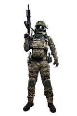 Male soldier in masking camo suit. Shot in studio. Isolated with clipping path on white background.