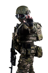Male soldier in masking camo suit. Shot in studio. Isolated with clipping path on white background.