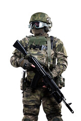 Fototapeta premium Male soldier in masking camo suit. Shot in studio. Isolated with clipping path on white background.