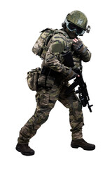 Male soldier in masking camo suit. Shot in studio. Isolated with clipping path on white background.