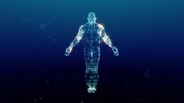 Human consists of a cloud of points and abstract lines. Looped video on dark background