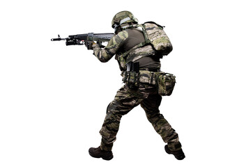 Male soldier in masking camo suit. Shot in studio. Isolated with clipping path on white background.