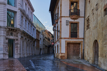 Fototapeta na wymiar Calle Santa Ana in the city of Oviedo (Uviéu) with the Museum of Fine Arts of Asturias
