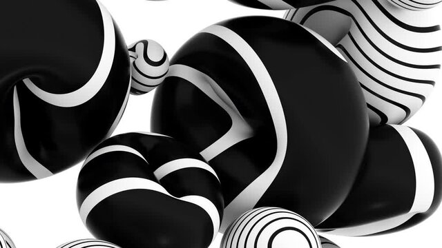 3d video render of abstract black and white art composition with flying surreal donuts balls balloons or bubbles in round forms in white matte plastic with black parallel lines or stripes on surface