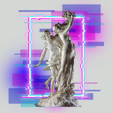 Illustration of a greek statue against a colorful background with the glitch effect