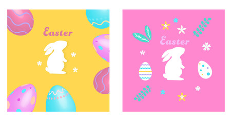 social media easter elements, easter bunny silhouette, easter eggs in pastel colors, flowers and leaves, minimal design, 