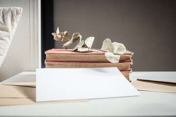 blank greeting card  invitation mockup with craft paper envelope  feminine still life composition