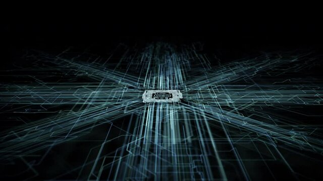Finger turns on touch screen panel with artificial intelligence network. Person touches digital button on touch screen. Concept of AI, artificial intelligence gathering and processing information.  