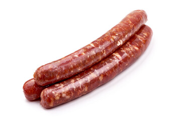 Fresh raw beef sausages, isolated on white background