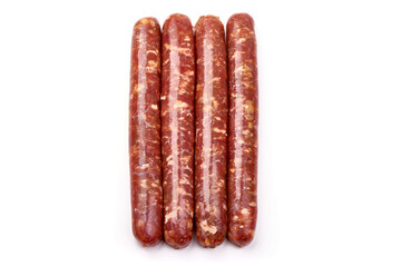 Fresh raw beef sausages, isolated on white background