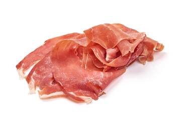 Italian prosciutto crudo or spanish jamon. Jerked meat, isolated on white background. High resolution image