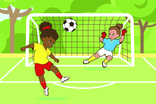 Teenage girls play soccer with their heads hitting a soccer ball into the goal. Vector illustration in cartoon style, isolated black and white line art