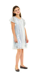 Beautiful long haired girl in shiny trendy dress