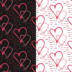 Doodle hearts seamless pattern, vector, hand drawn sketching ink brush lines, pink red colors palette