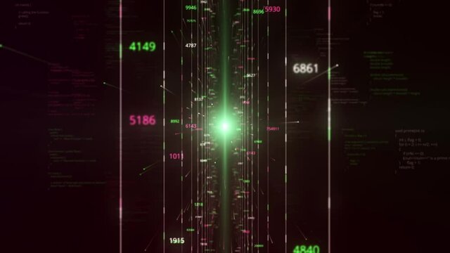 Abstract virtual space with parallel narrow lines and changing numbers on black background, seamless loop. Animation. Big data center, concept of information storage.