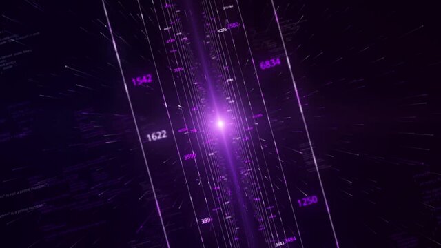 Moving inside a digital technological tunnel glowing colorful light in the middle of a screen. Animation. Visualization of a data server.