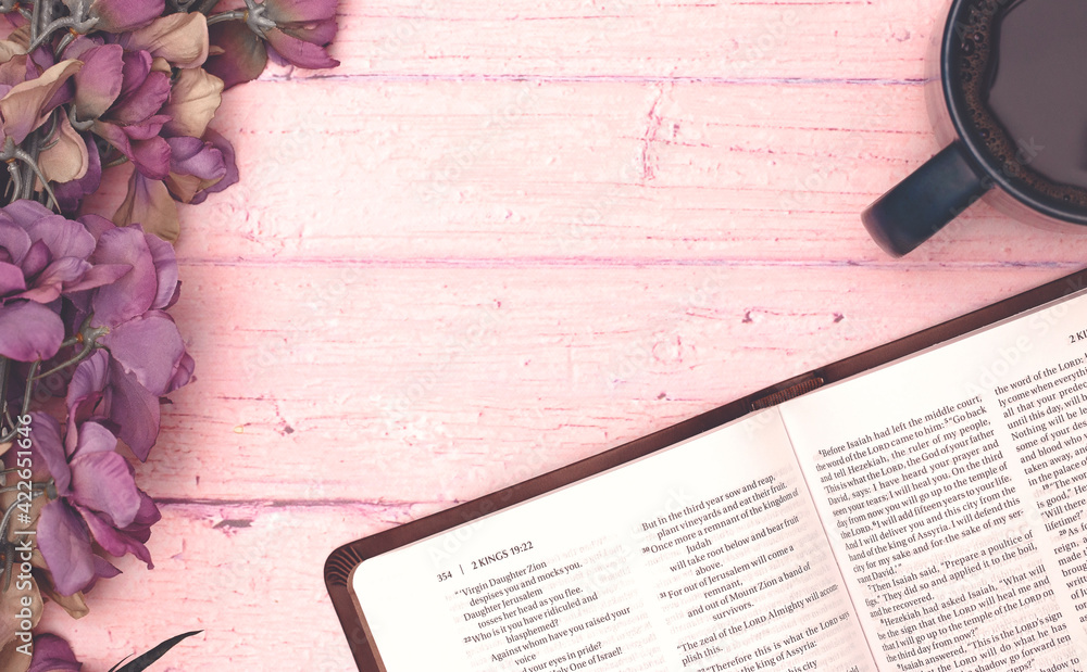 Poster personal bible study with a cup of coffee on a pink table