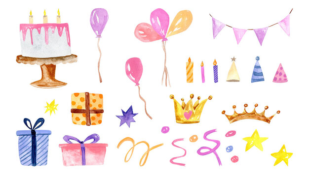Watercolor collection of elements about birthday party for little girls.  Isolated on white background. 