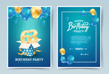 63rd years birthday vector invitation double card. Sixty three years wedding anniversary celebration brochure. Template of invitational for print on blue background