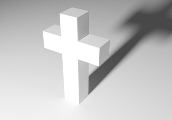 Catholic minimalist cross. Religious symbol of Christianity. Cross as a symbol of religious honor of Christians. White 3D cross casts a shadow. He stands against a light background. 3d illustration.