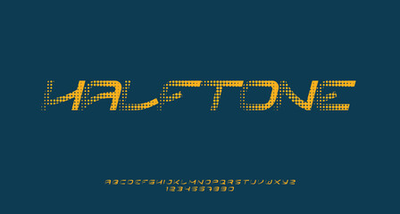 Yellow italic san serif font with halftone effect, suitable for logotype, monogram, headline, poster, banner, and flyer