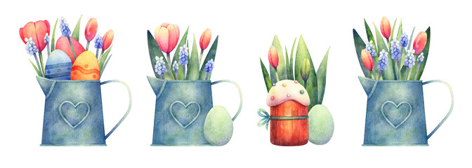 Watercolour Easter arrangements. Clip art. Easter cake, eggs, tulips with leaves. Suitable for easter cards, wrapping paper, fabric and others.