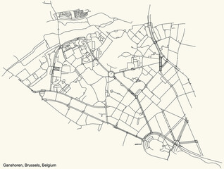 Black simple detailed street roads map on vintage beige background of the quarter Ganshoren municipality of Brussels, Belgium