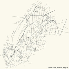 Black simple detailed street roads map on vintage beige background of the quarter Forest (Vorst) municipality of Brussels, Belgium