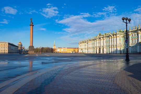 Palace Square in Saint Petersburg. Museums of Russia. Winter Palace in Saint Petersburg. Russian city on a summer day. Column in palace square. Sights of Petersburg. Excursions in cities of Russia