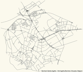 Black simple detailed street roads map on vintage beige background of the quarter Berchem-Sainte-Agathe (Sint-Agatha-Berchem) municipality of Brussels, Belgium
