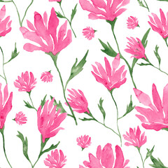 Fototapeta na wymiar Pink big flowers watercolor painting - seamless pattern on white background