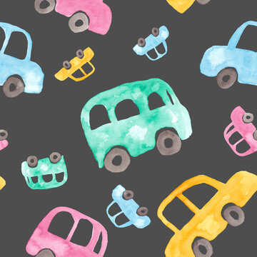 Cars and bus watercolor painting - seamless pattern on gray background