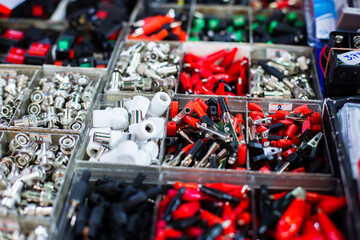 Selective focus to many accessories of connector for television system. F-type, bnc, audio jack connector.