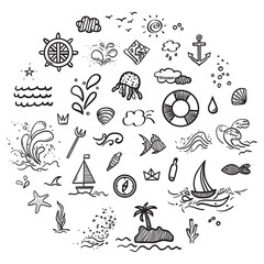 Hand drawn black holiday elements on white. Sketchy doodles. Summer holidays. Signs and symbols. Banner design. Black and white illustration