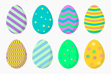 Eight multicolored easter eggs with stripes, waves, dots, stars, and spirals