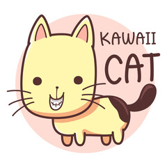 Vector cartoon illustration of Naughty cat standing smiling. Cute cat smiling grinning teeth. Cute font lettering the word 